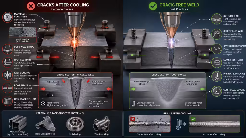 Technical comparison showing why laser welds crack after cooling and how better fit-up, filler wire, heat input, and controlled cooling prevent cracking