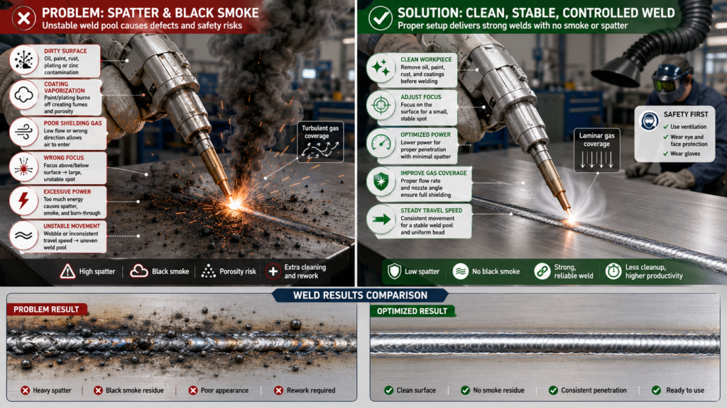 Comparison showing why spatter and black smoke appear in laser welding and how clean surfaces, proper focus, stable gas coverage, and controlled power improve weld quality