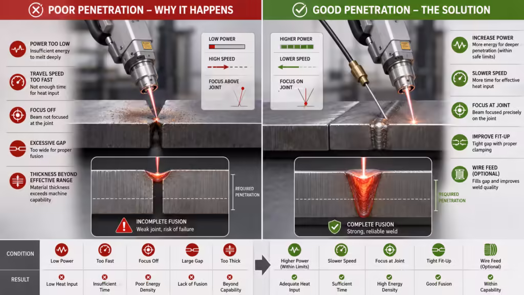 Technical comparison showing why the weld is not penetrating deep enough in laser welding and how higher power, slower speed, correct focus, tight fit-up, and optional wire feed improve penetration