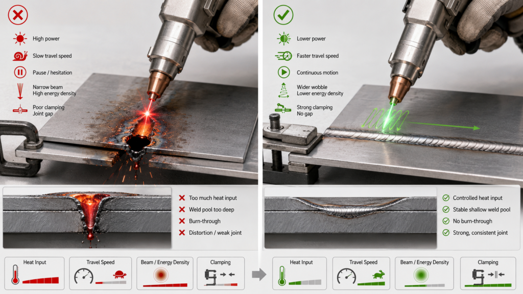 Comparison showing why thin sheet metal burns through in laser welding and how lower heat input, faster travel speed, wider wobble, and better clamping prevent burn-through