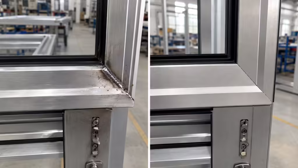 Window frame welding comparison showing rough weld seam and cleaner laser welded corner