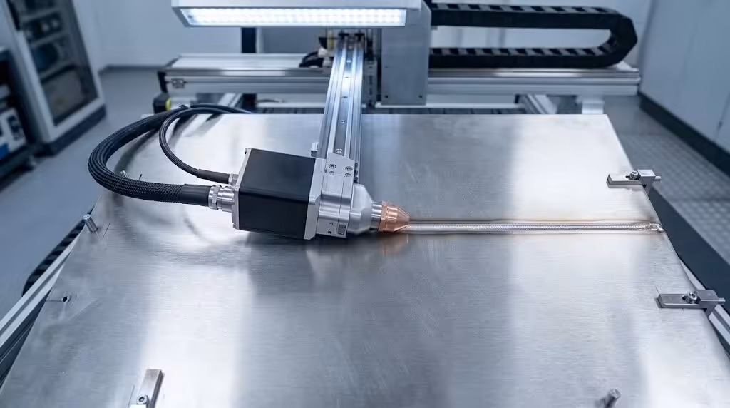 A precision fiber laser welding head mounted on an industrial gantry system performing a continuous weld seam on a brushed stainless steel plate in a clean manufacturing environment.