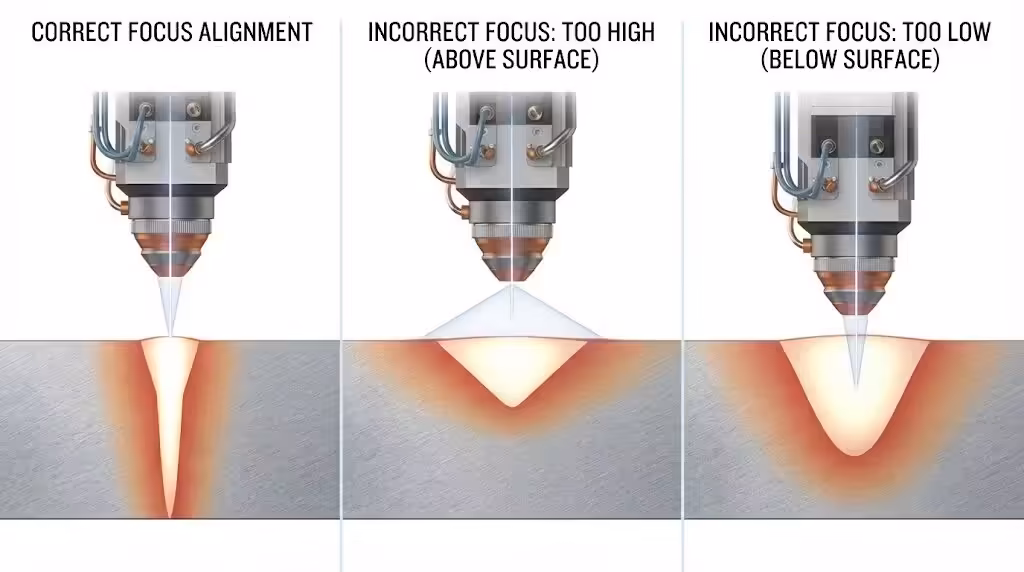 Analysis of Focus Position in Fiber Laser Welding: It demonstrates the effects of proper focusing, excessive defocusing, and insufficient defocusing on the weld penetration depth and the heat affected zone.