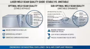 Engineering infographic comparing the cross-section of stable vs unstable laser weld seams, highlighting key differences in keyhole stability, fusion zone, porosity, and heat-affected zone.
