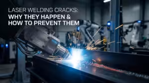 Industrial laser welding process showing high-speed beam causing thermal stress and potential crack formation