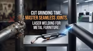 Split-screen comparison for metal furniture manufacturing: Manual MIG welding on the left showing spatter and oxidation vs. clean, seamless laser welding on the right. Demonstrating zero-grind laser welding advantages.