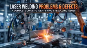 An elevated view of an advanced robotic laser welding system in an Industry 4.0 smart factory, dynamically identifying common welding problems including Cracking, Porosity, Undercut, Spatter, and Incomplete Fusion with high-resolution digital analysis overlays.