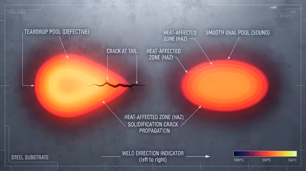 Schematic diagram of welding pool solidification cracks: On the left, a teardrop-shaped welding pool with a central line crack is shown; on the right, a normal elliptical welding pool is presented, along with a comparison of the temperature distribution in the heat affected zone (HAZ).